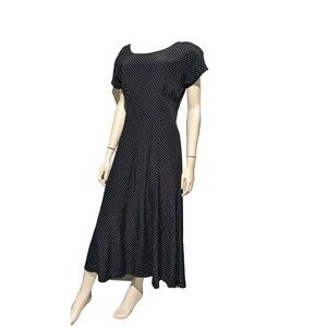 Vintage 80s Does 50s Dress Empire Waist Navy Blue Polka Dot Open Back Tie S/M